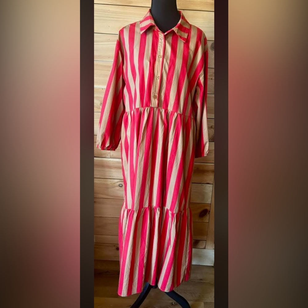 Striped Red and Taupe Dress, pockets